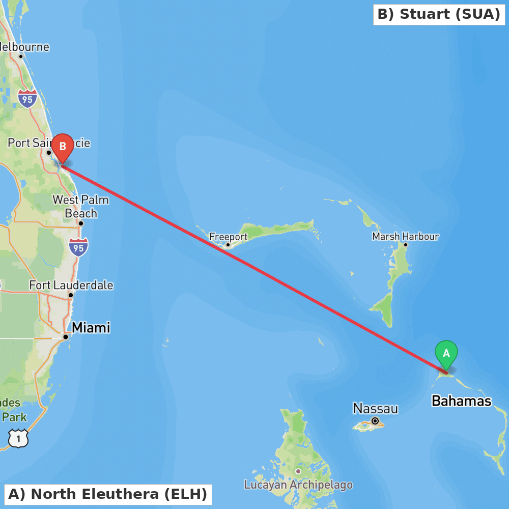 Flight route map from North Eleuthera to Stuart