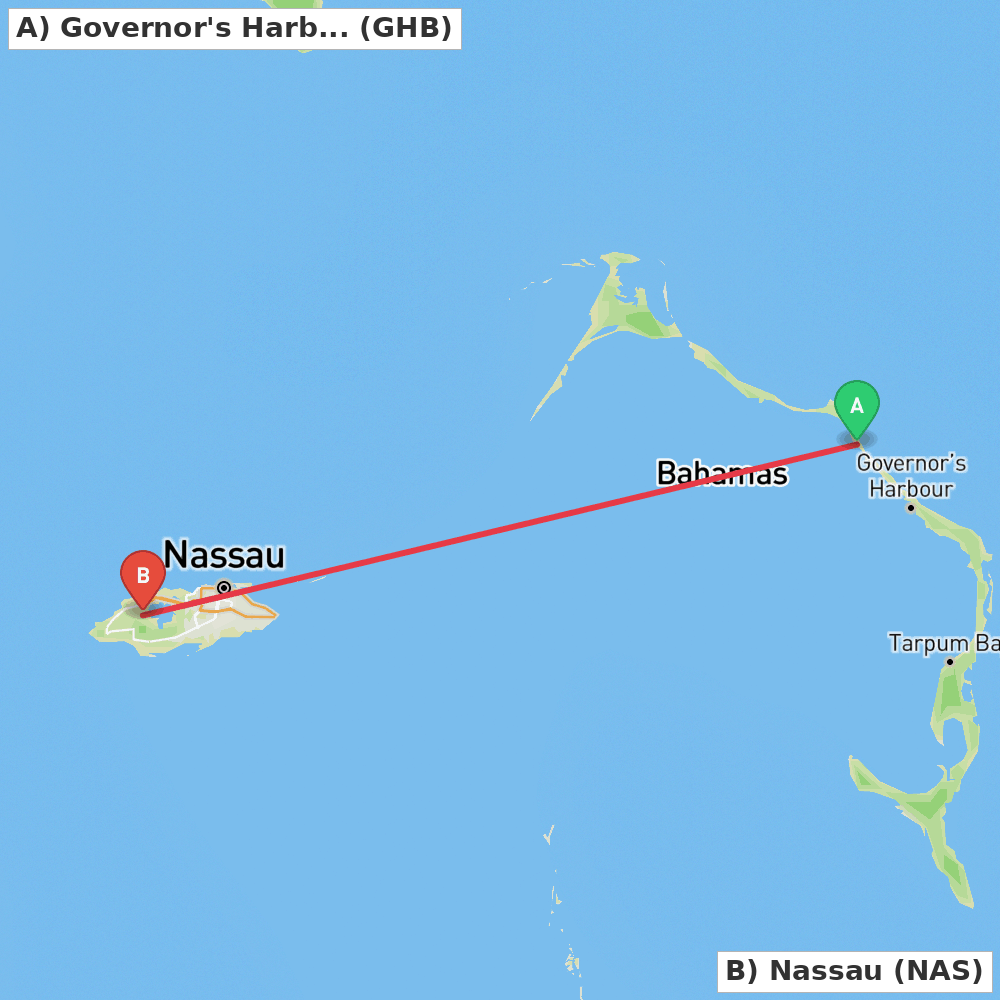 Flight route map from Governor's Harbour to Nassau