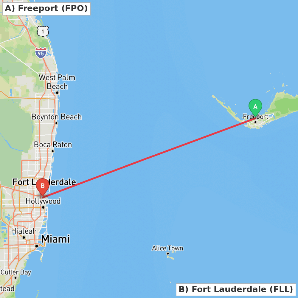 Flight route map from Freeport to Fort Lauderdale