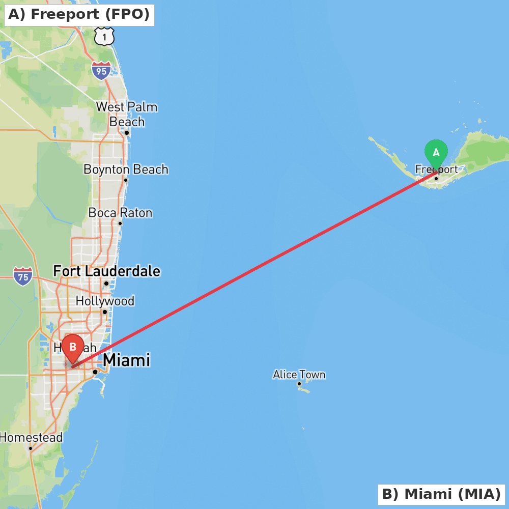 Flight route map from Freeport to Miami