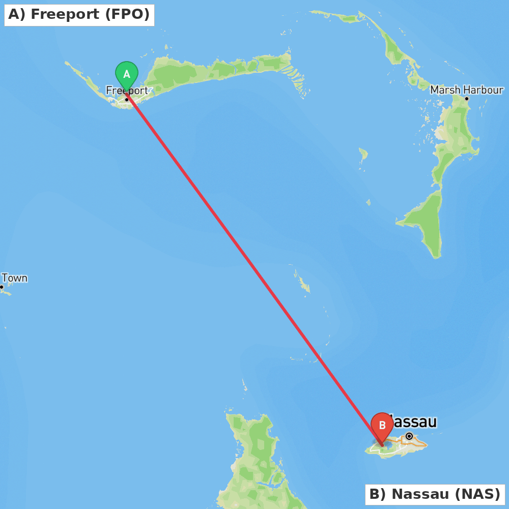 Flight route map from Freeport to Nassau