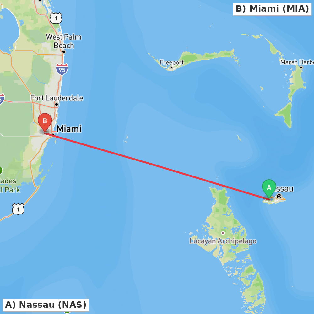 Flight route map from Nassau to Miami