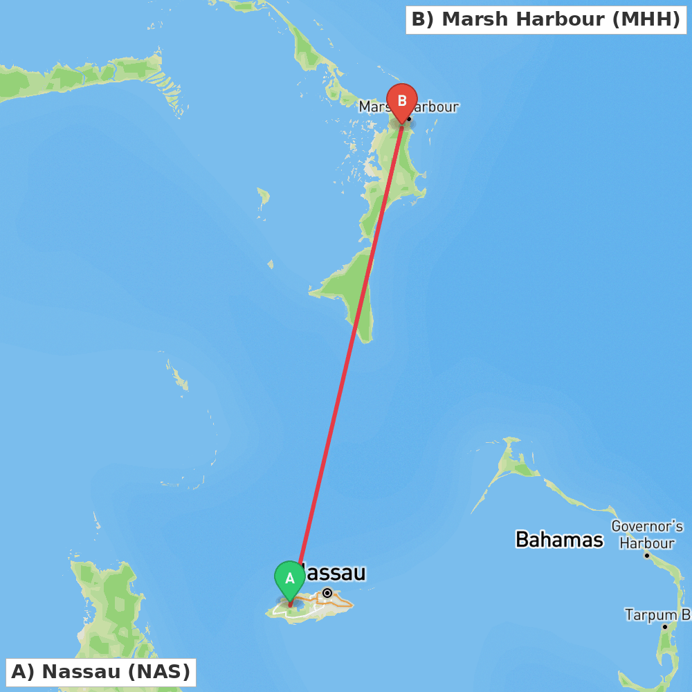 Flight route map from Nassau to Marsh Harbour
