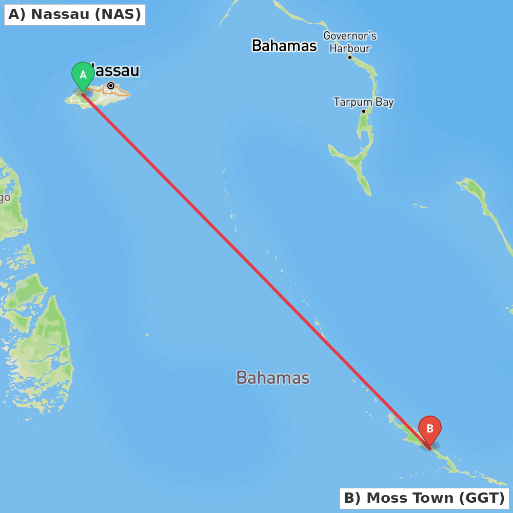 Flight route map from Nassau to Moss Town