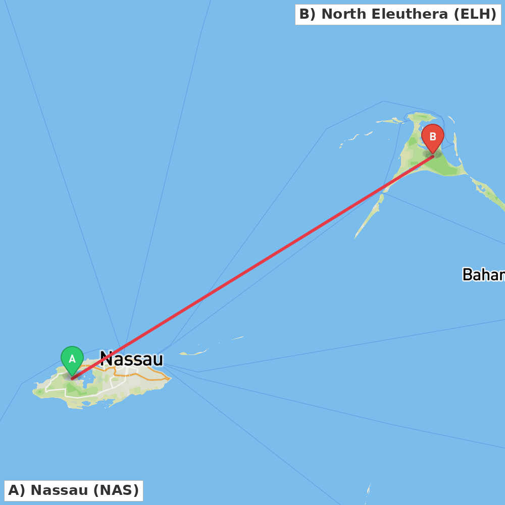 Flight route map from Nassau to North Eleuthera