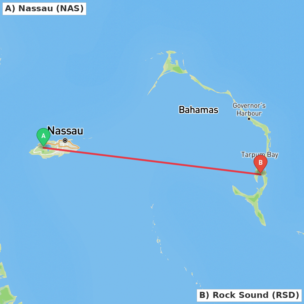 Flight route map from Nassau to Rock Sound