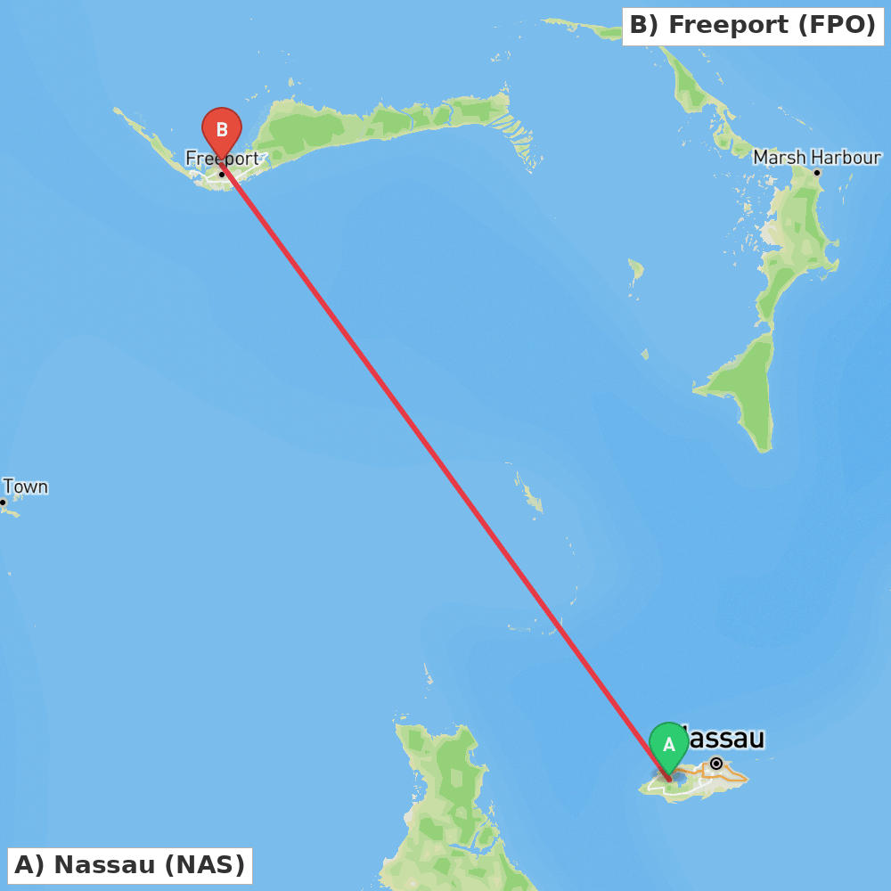 Flight route map from Nassau to Freeport