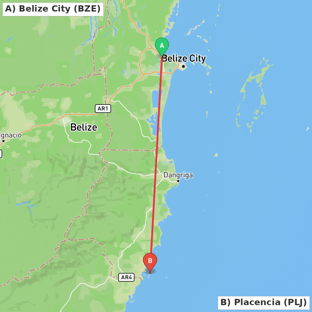 Flight route map from Belize City to Placencia