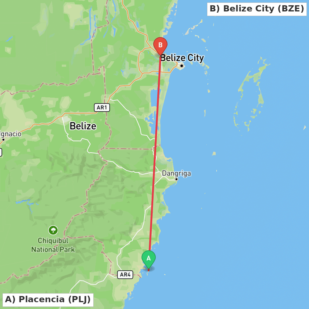 Flight route map from Placencia to Belize City