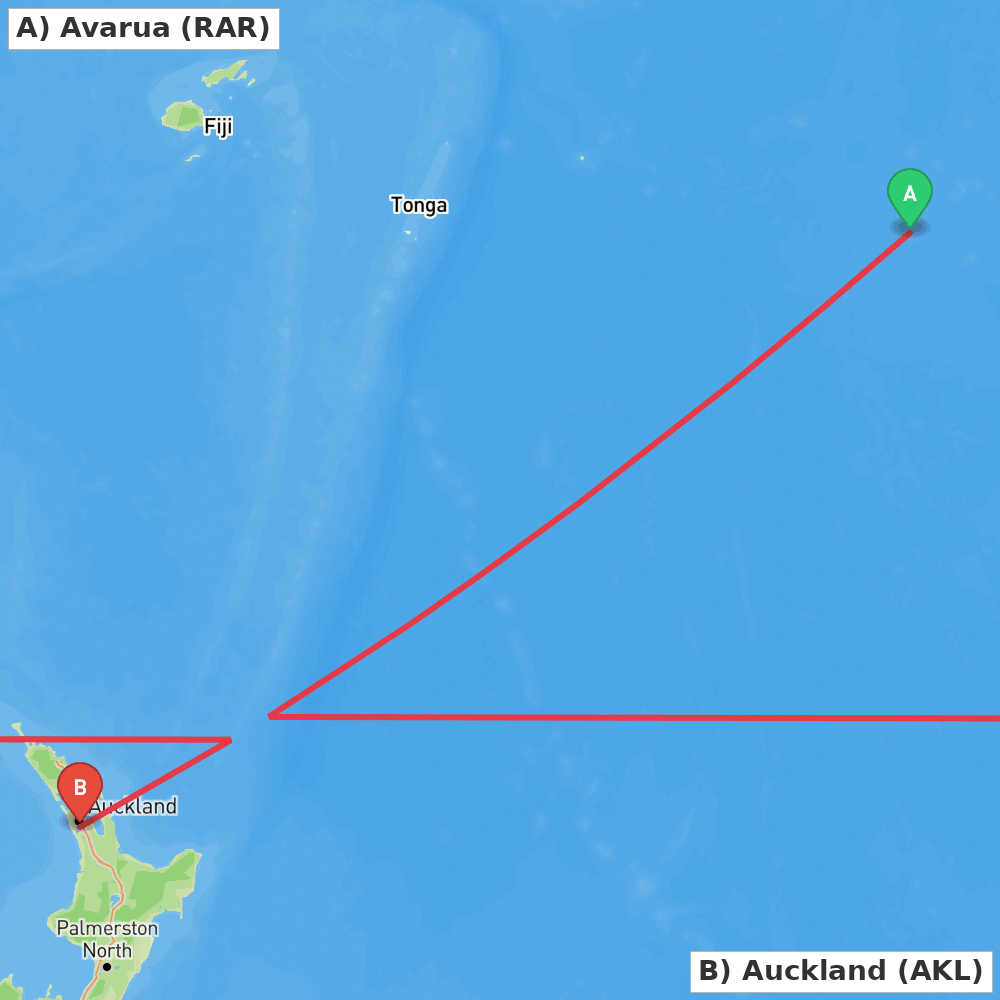 Flight route map from Avarua to Auckland