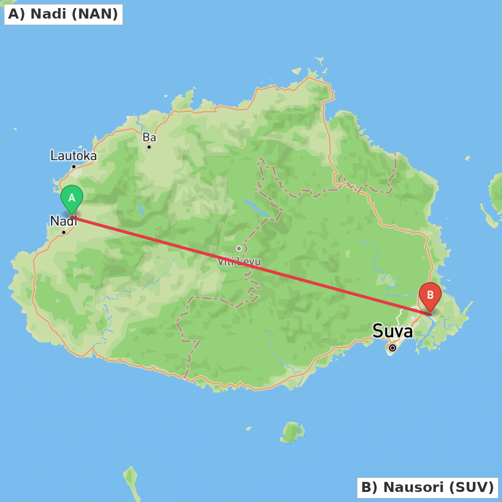 Flight route map from Nadi to Nausori