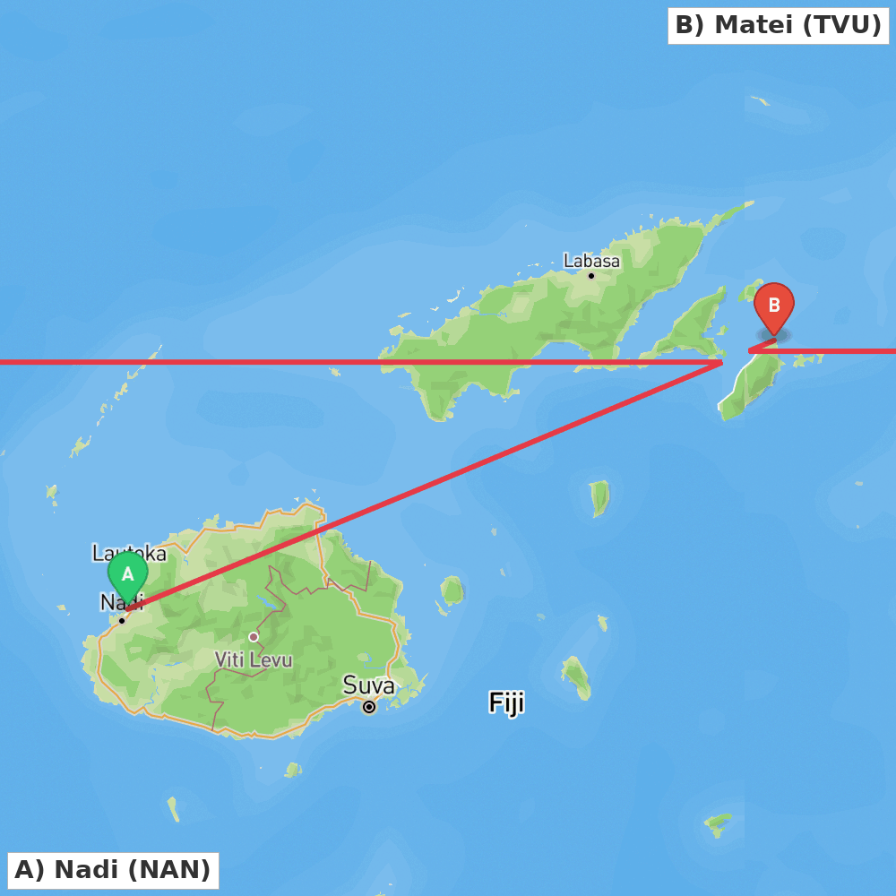 Flight route map from Nadi to Matei