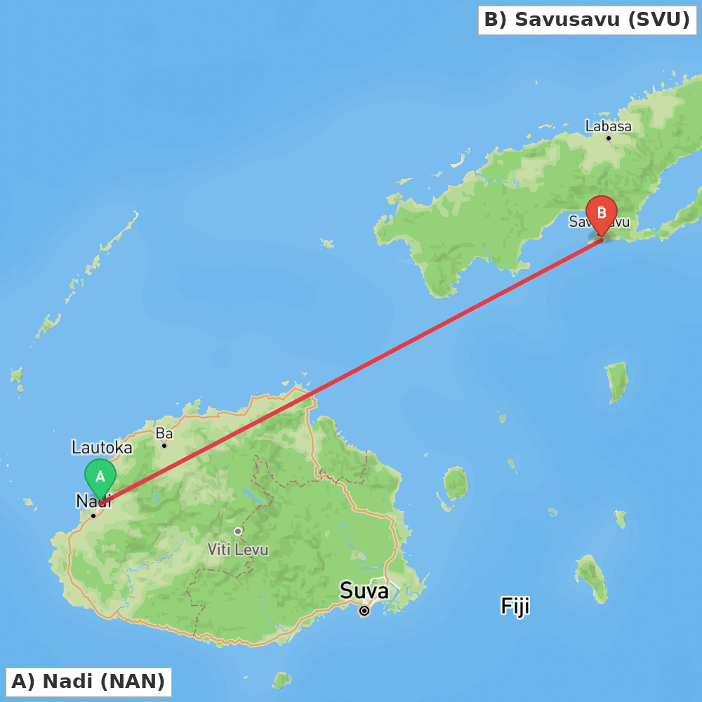 Flight route map from Nadi to Savusavu