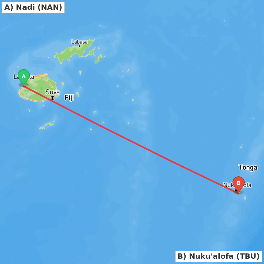 Flight route map from Nadi to Nuku'alofa