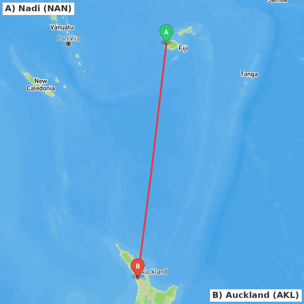 Flight route map from Nadi to Auckland
