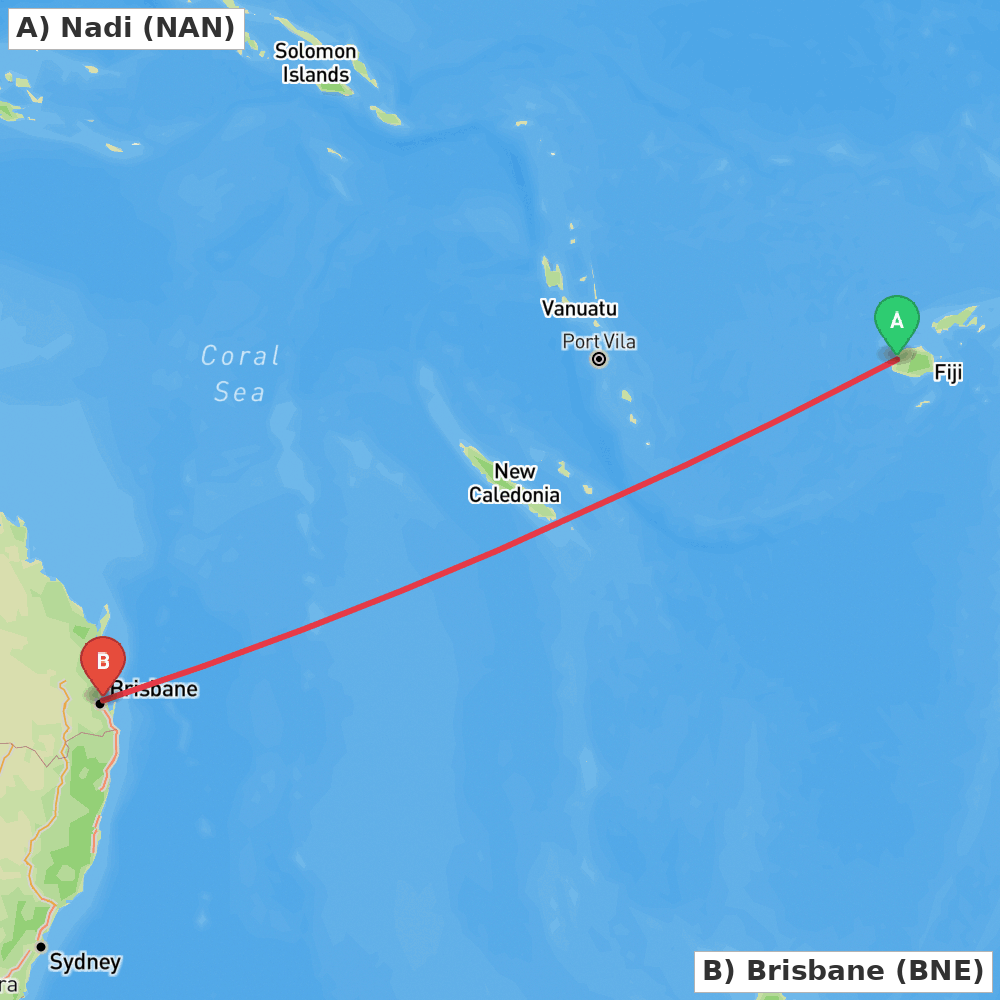 Flight route map from Nadi to Brisbane