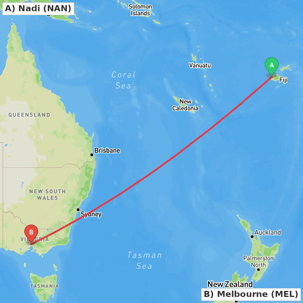 Flight route map from Nadi to Melbourne
