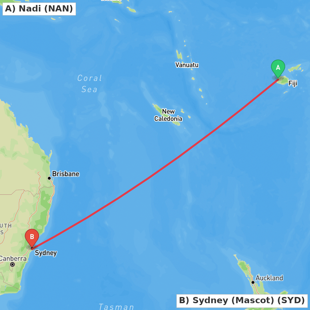 Flight route map from Nadi to Sydney (Mascot)