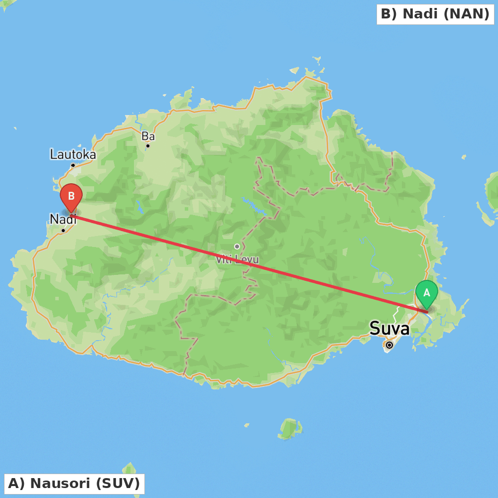 Flight route map from Nausori to Nadi