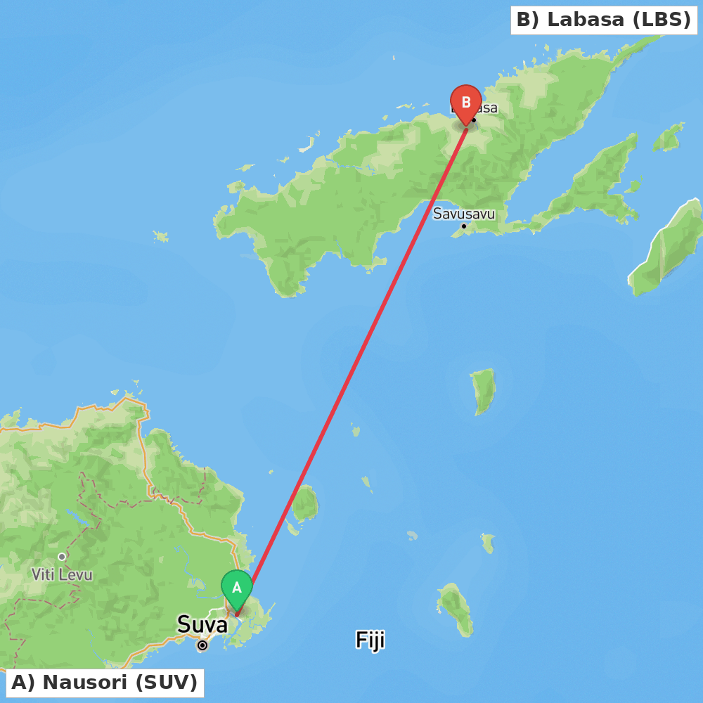 Flight route map from Nausori to Labasa