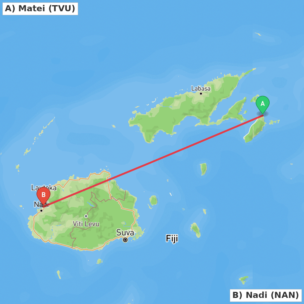 Flight route map from Matei to Nadi
