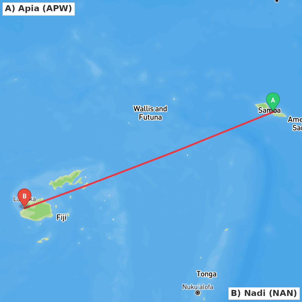 Flight route map from Apia to Nadi