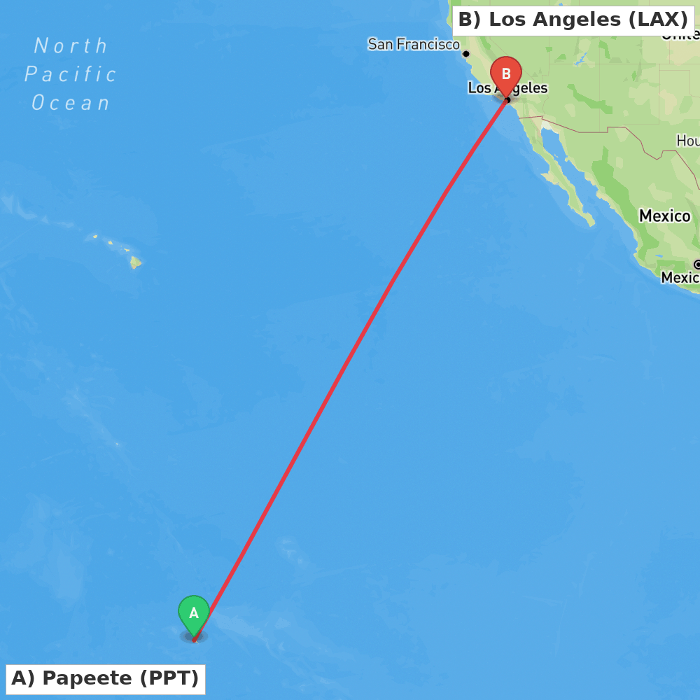 Flight route map from Papeete to Los Angeles