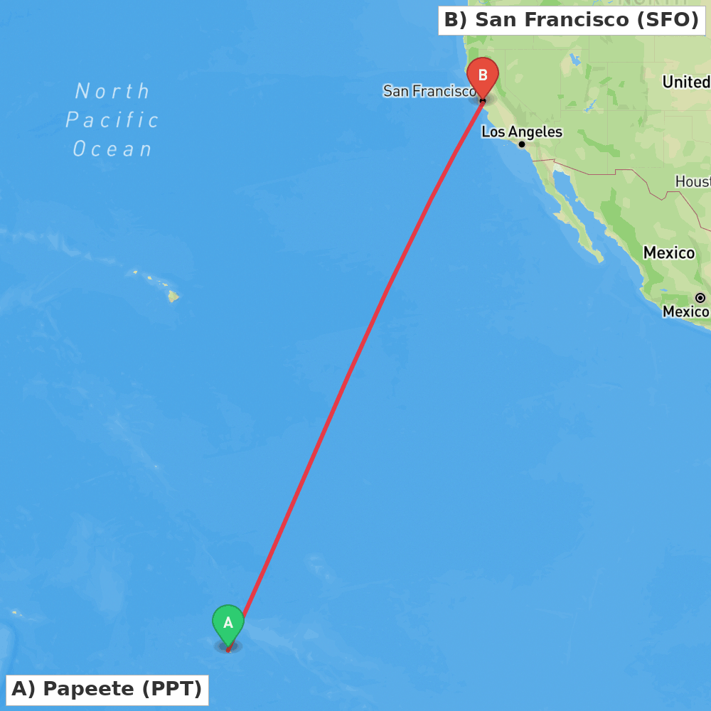 Flight route map from Papeete to San Francisco