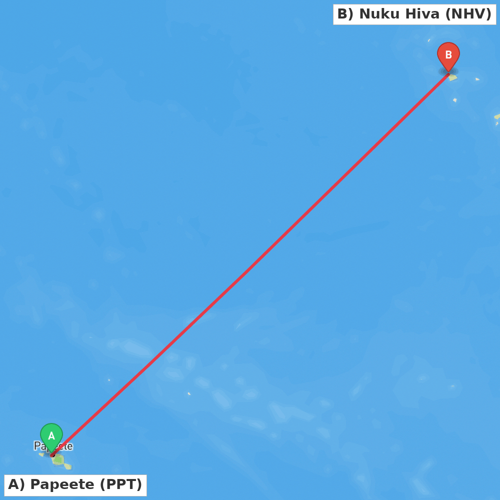Flight route map from Papeete to Nuku Hiva