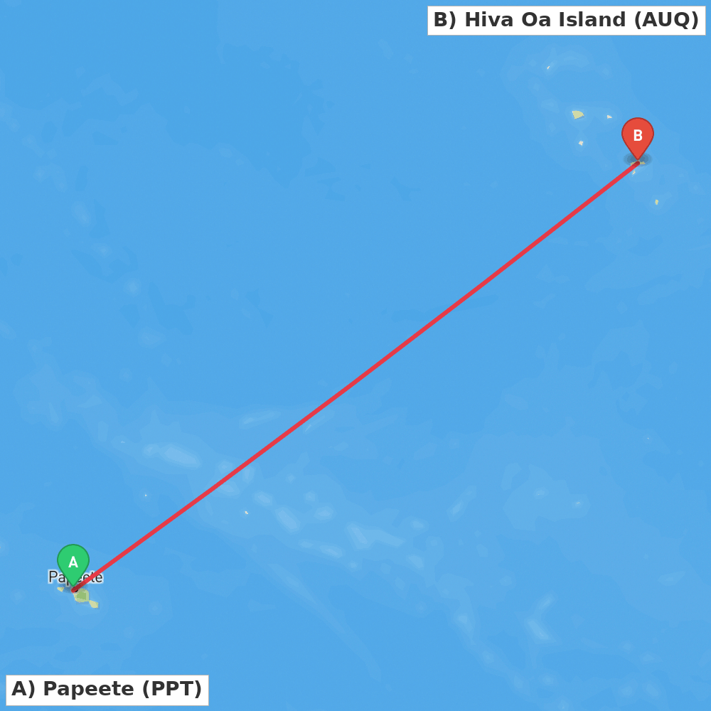 Flight route map from Papeete to Hiva Oa Island