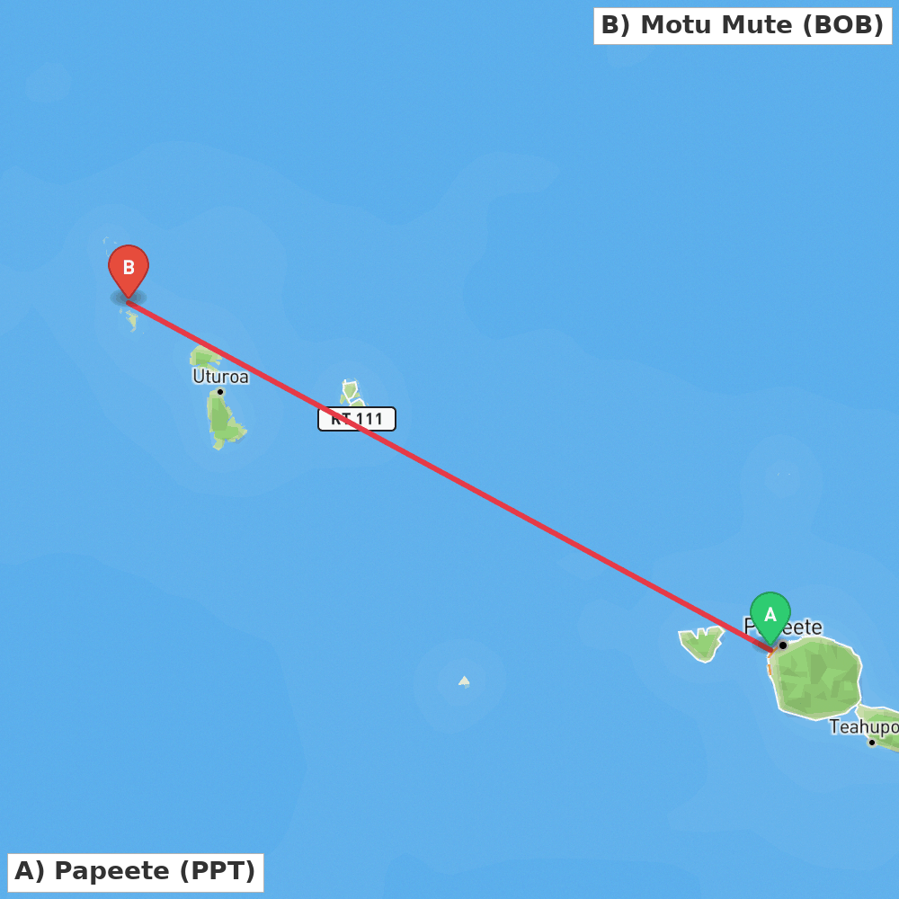 Flight route map from Papeete to Motu Mute
