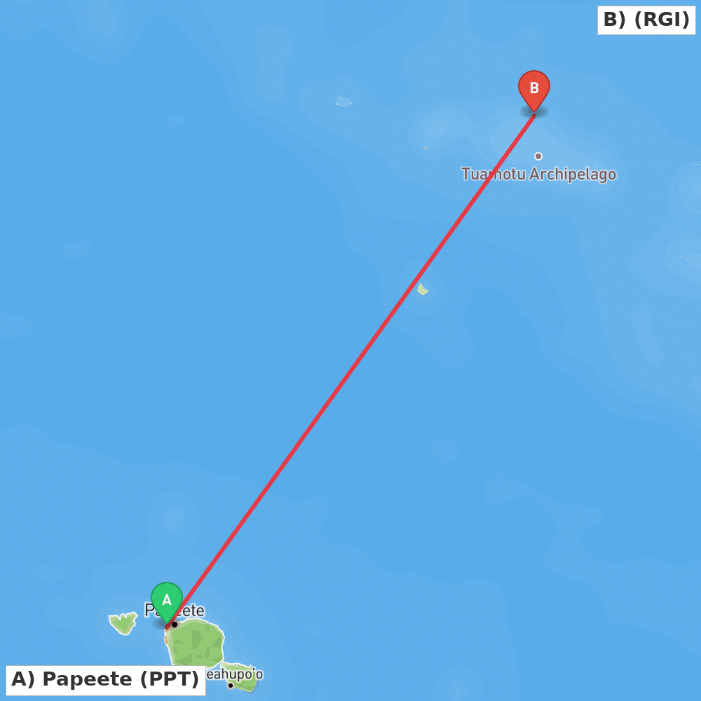 Flight route map from Papeete to Rangiroa