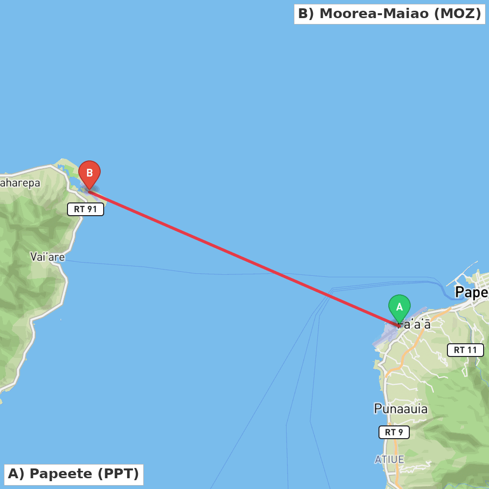 Flight route map from Papeete to Moorea-Maiao