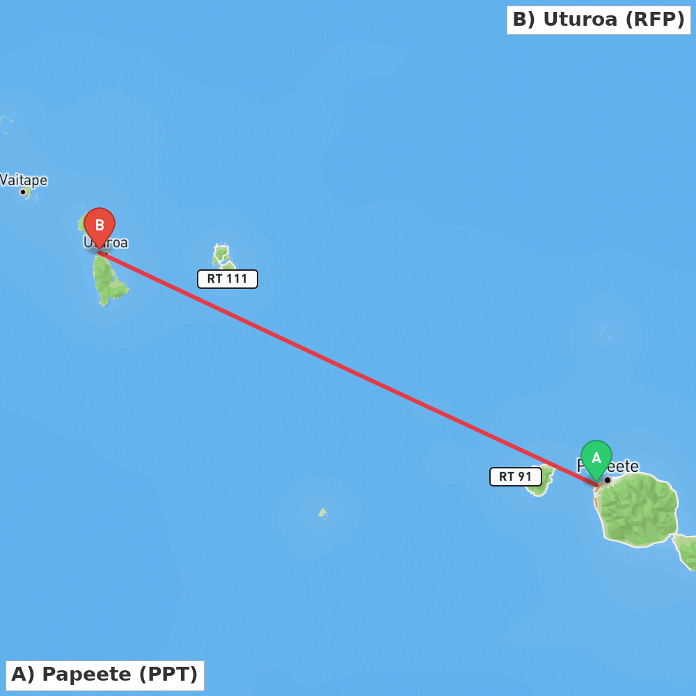 Flight route map from Papeete to Uturoa