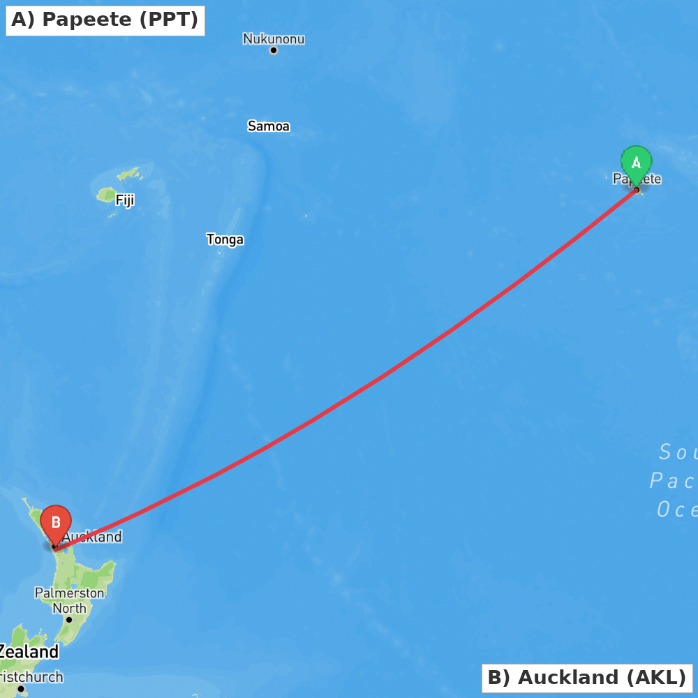 Flight route map from Papeete to Auckland