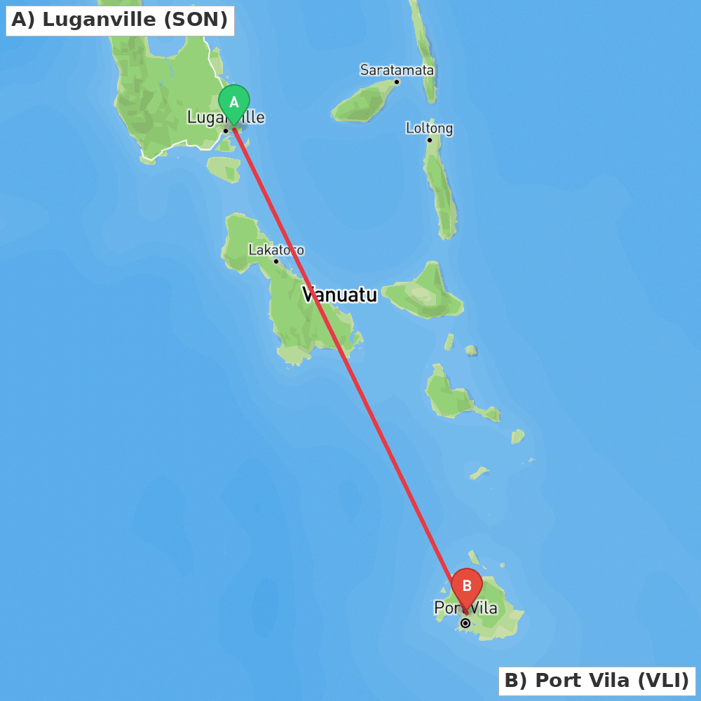 Flight route map from Luganville to Port Vila