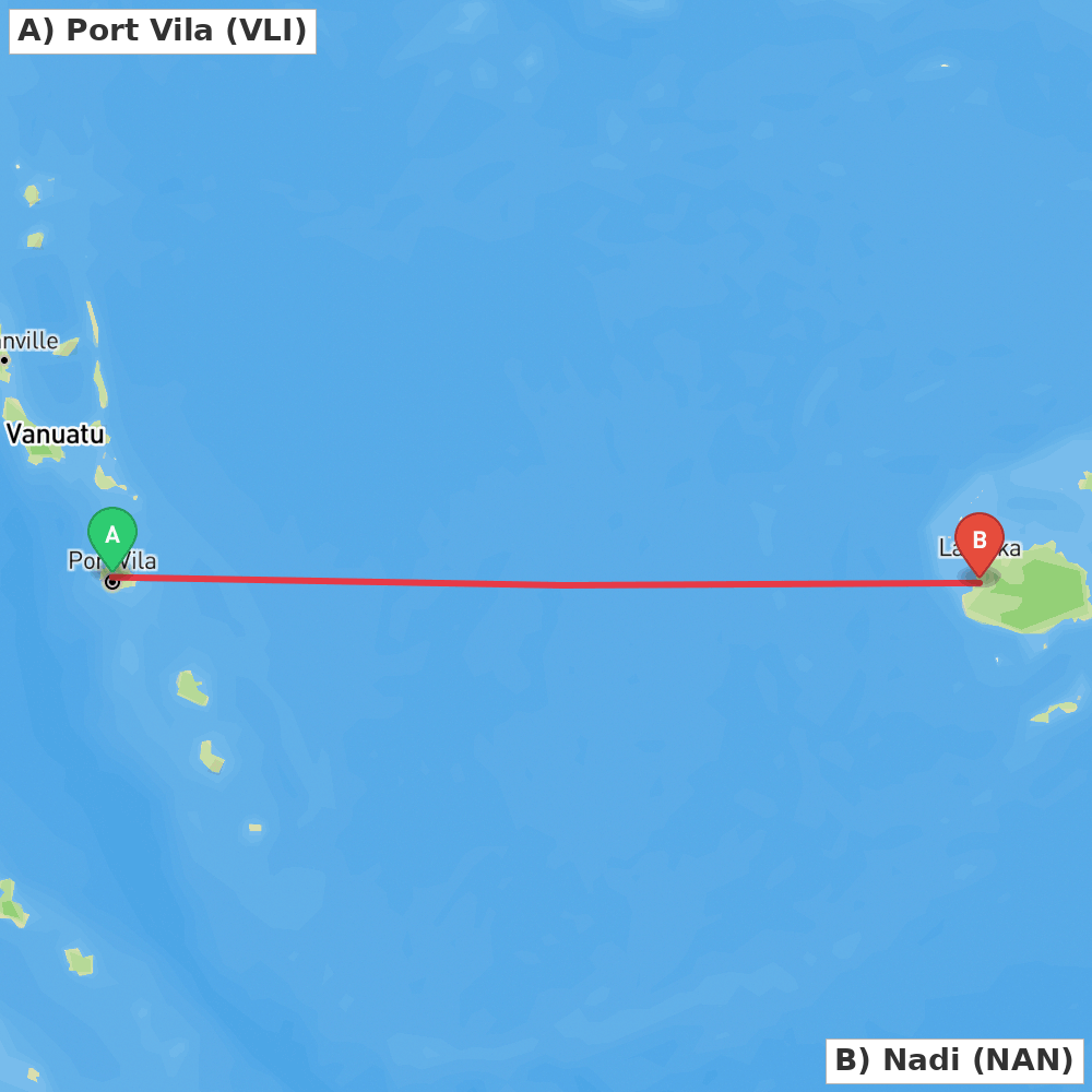Flight route map from Port Vila to Nadi
