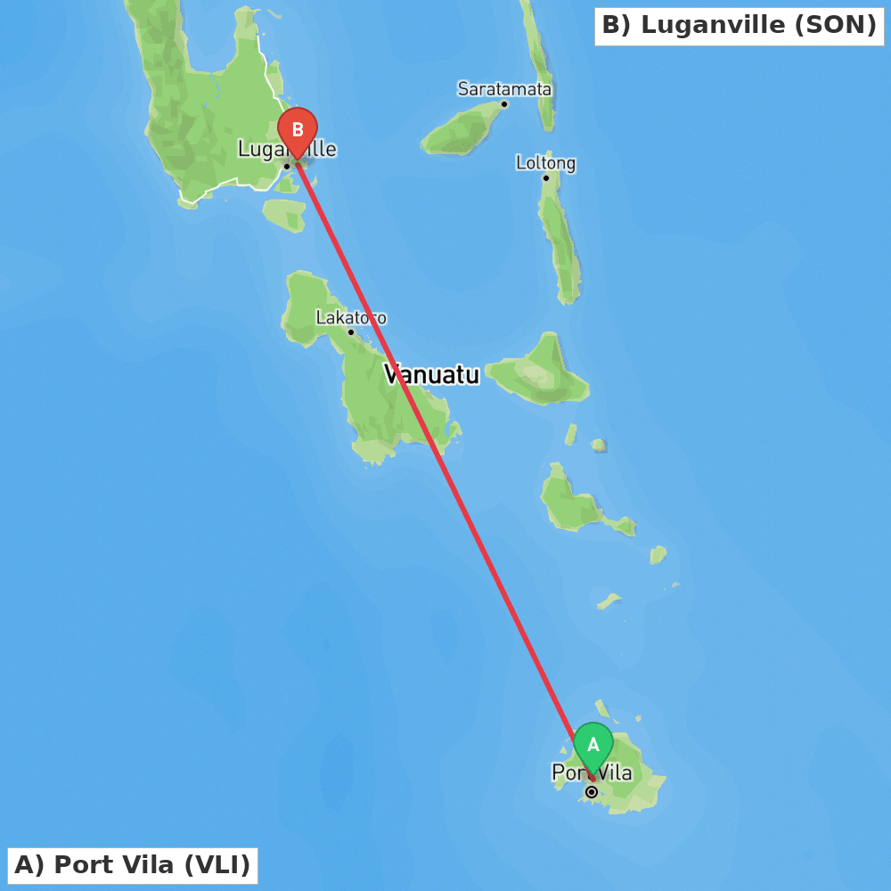 Flight route map from Port Vila to Luganville