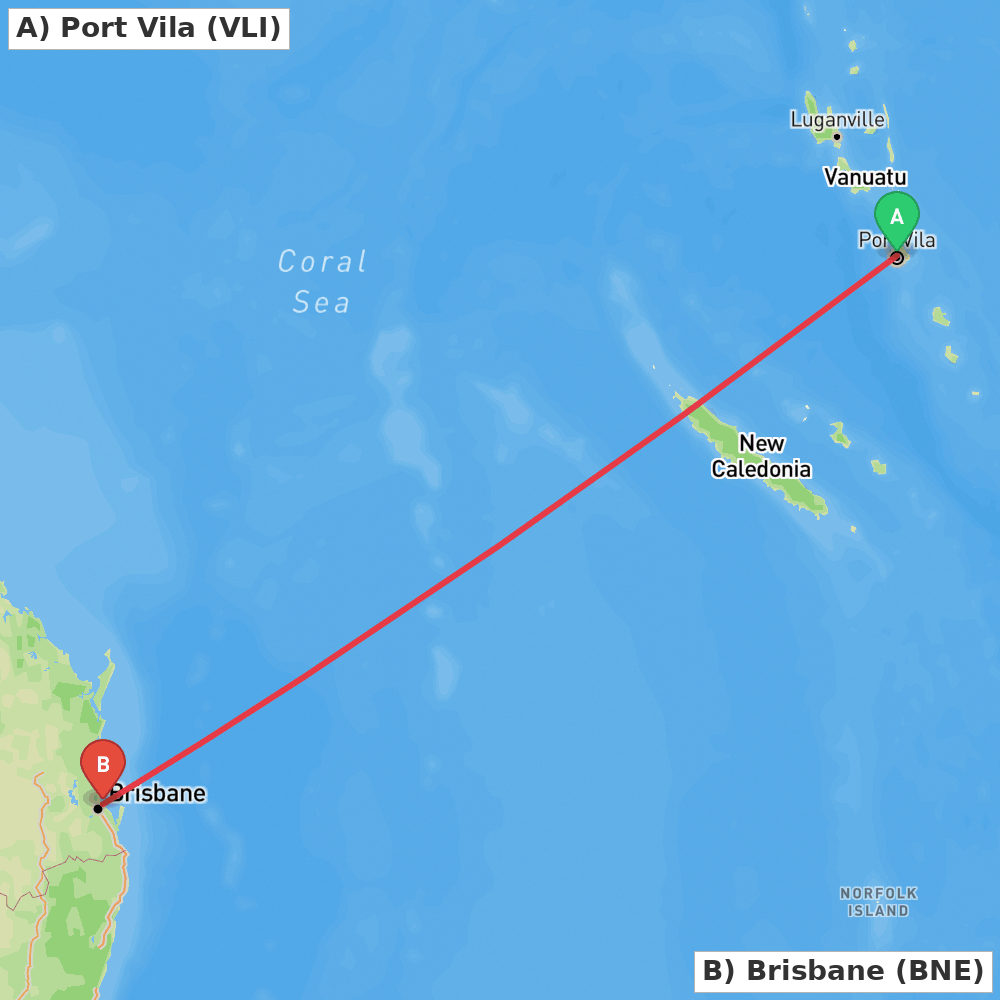 Flight route map from Port Vila to Brisbane