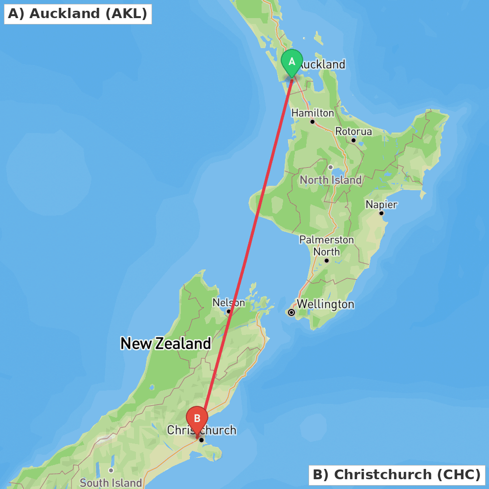 Flight route map from Auckland to Christchurch