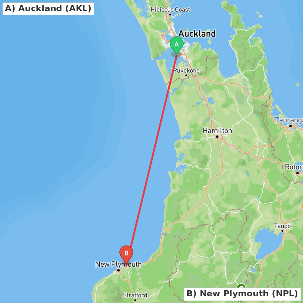 Flight route map from Auckland to New Plymouth