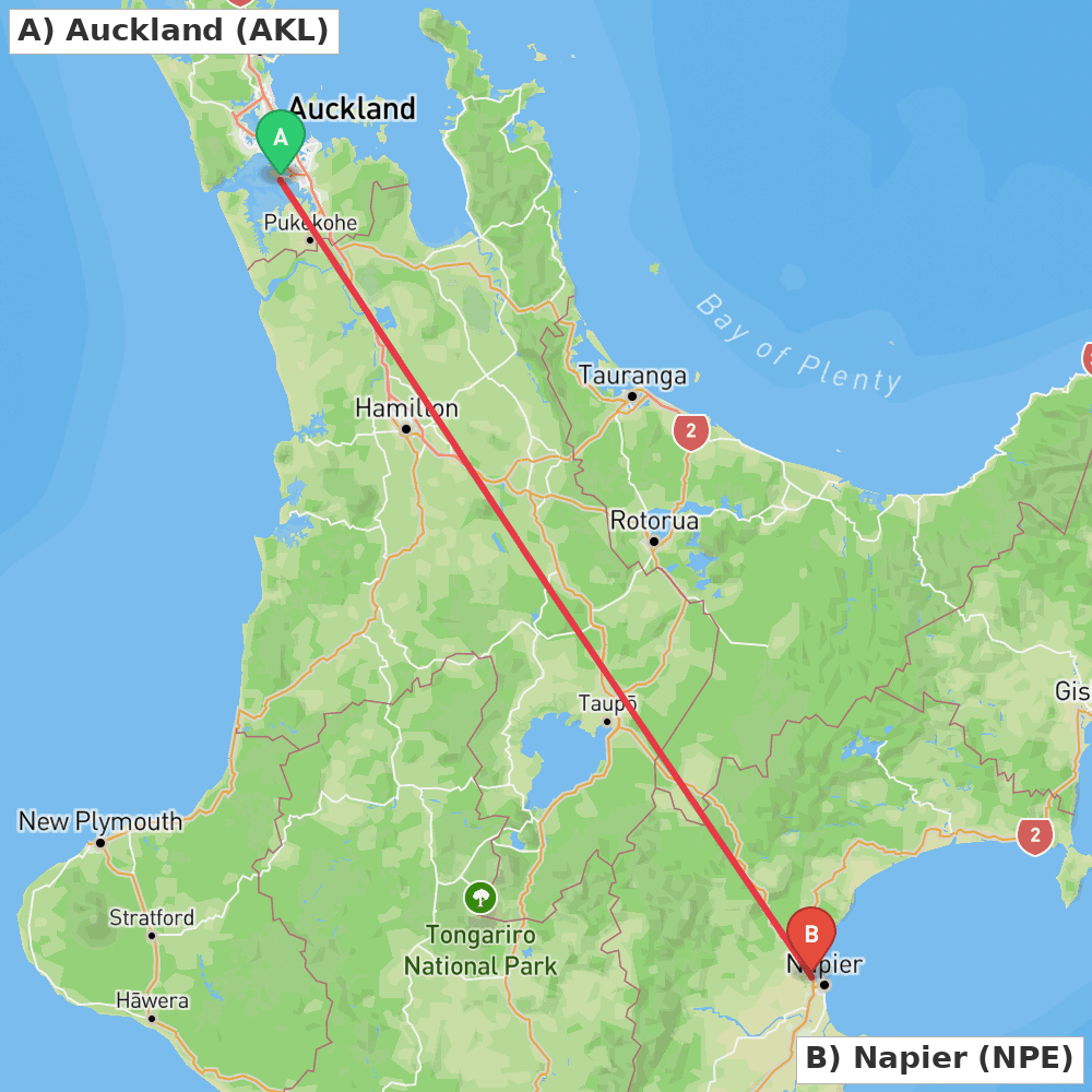Flight route map from Auckland to Napier