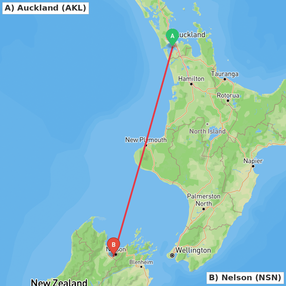 Flight route map from Auckland to Nelson