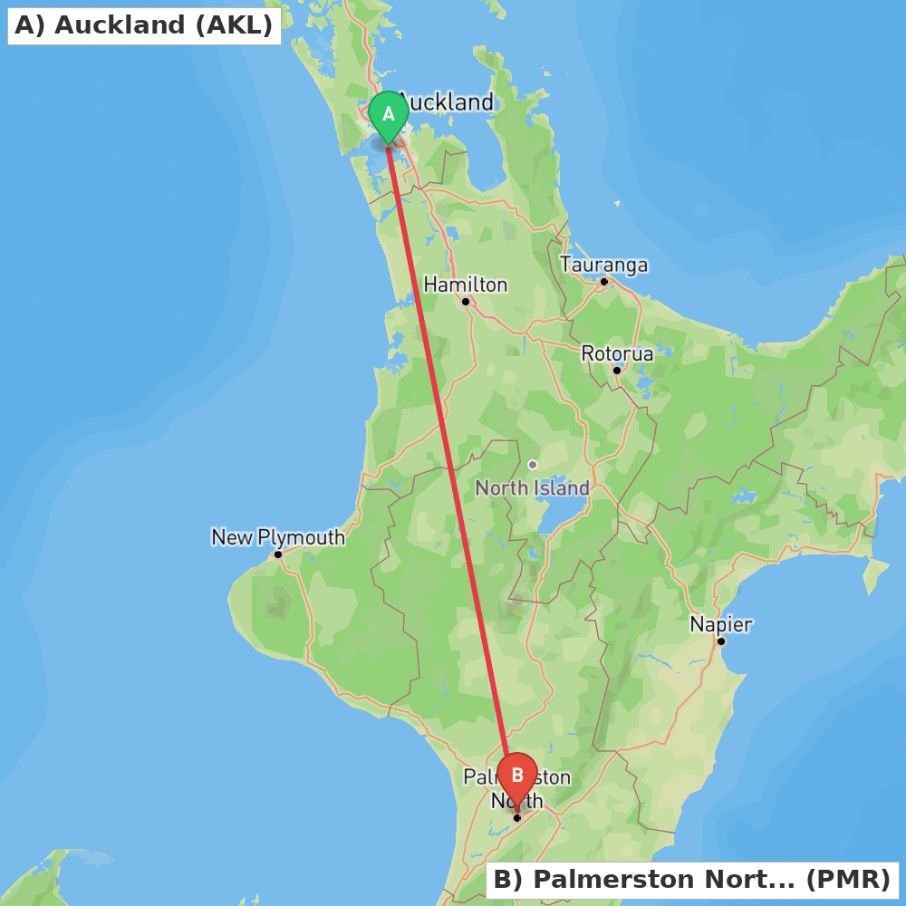 Flight route map from Auckland to Palmerston North
