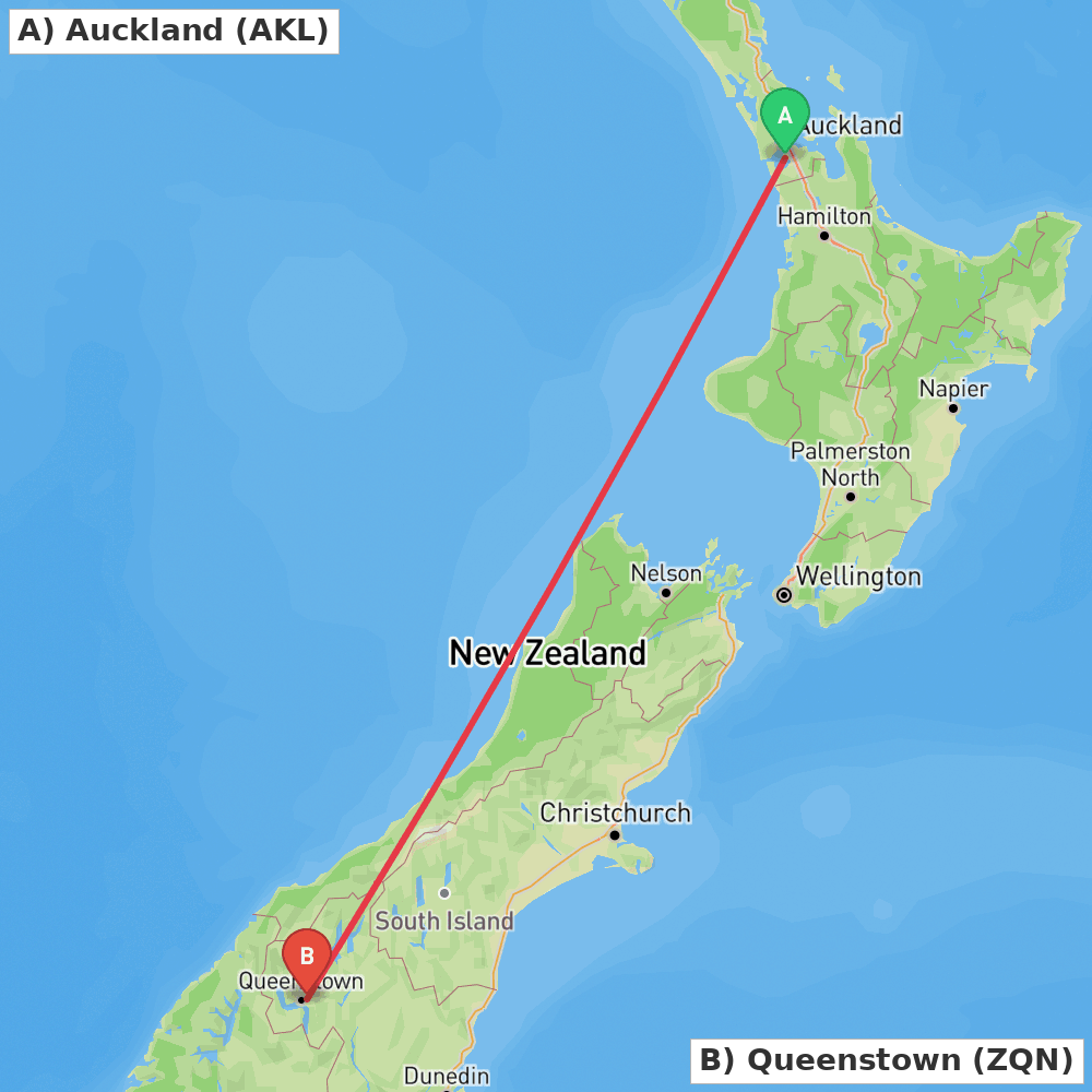 Flight route map from Auckland to Queenstown