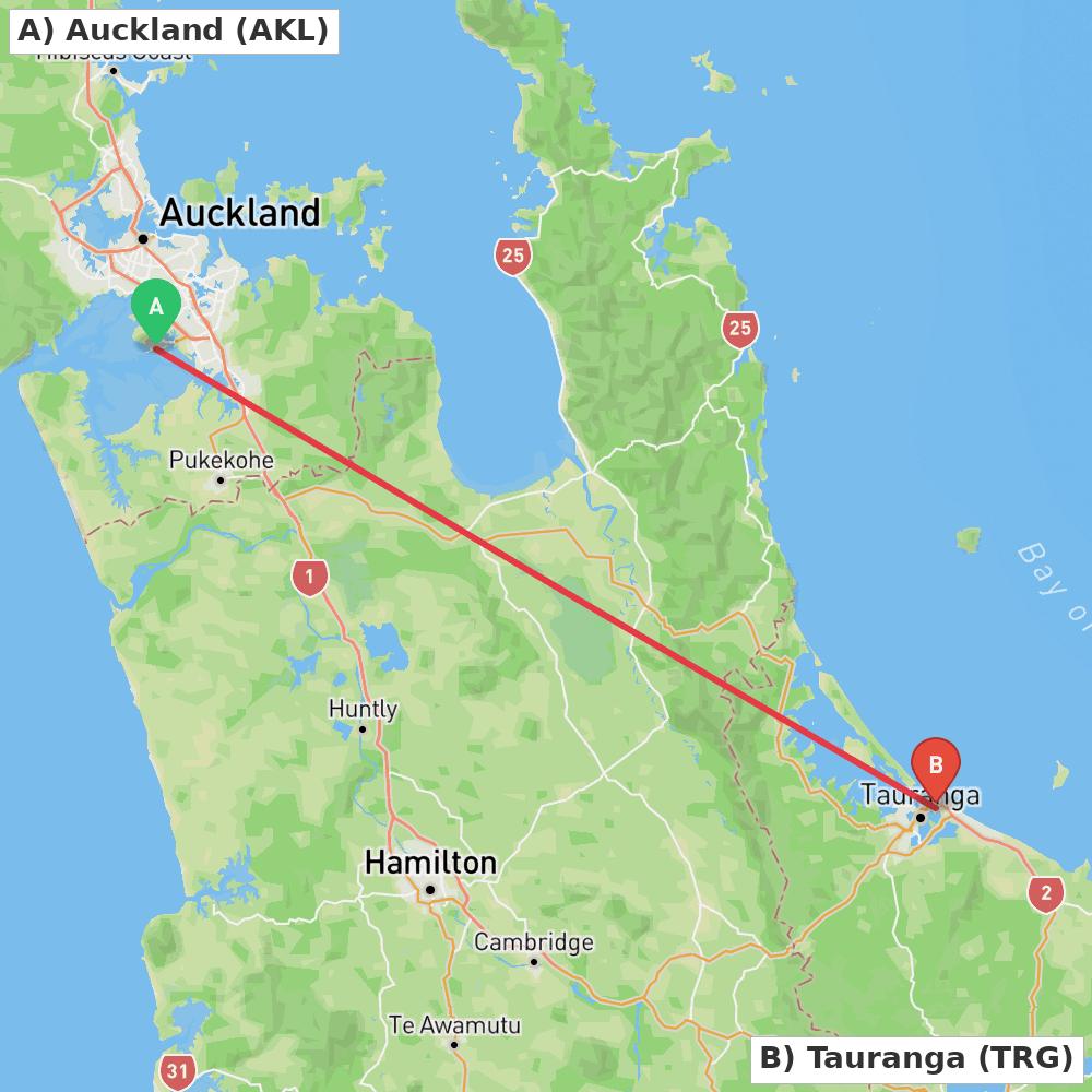 Flight route map from Auckland to Tauranga
