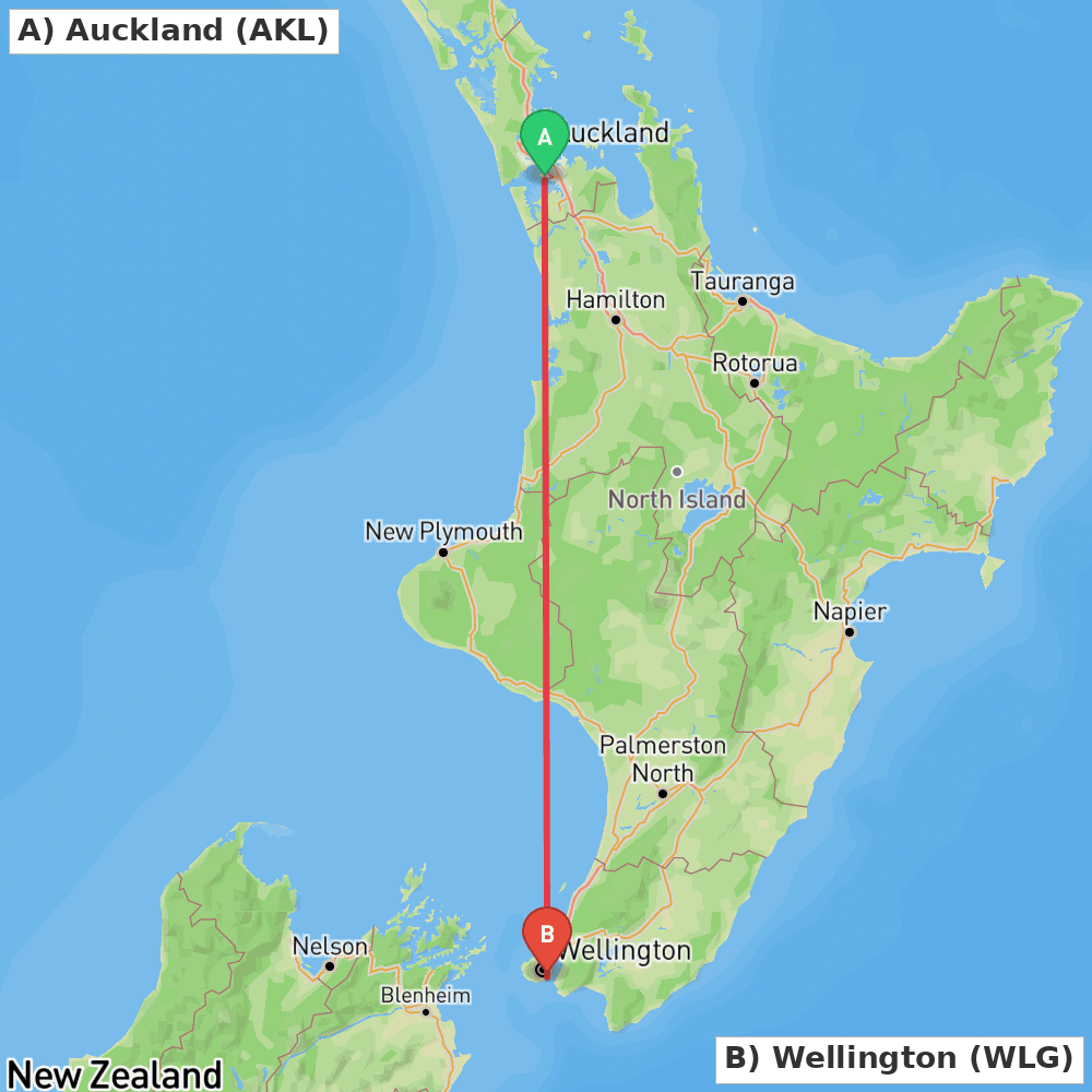 Flight route map from Auckland to Wellington
