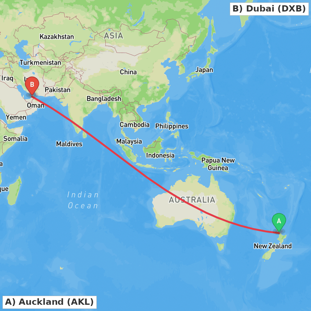 Flight route map from Auckland to Dubai