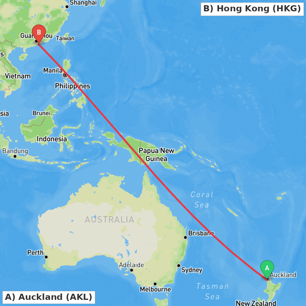 Flight route map from Auckland to Hong Kong
