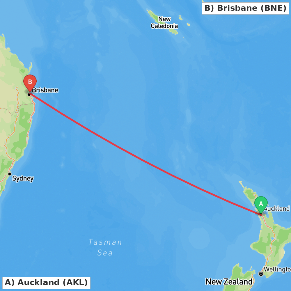 Flight route map from Auckland to Brisbane
